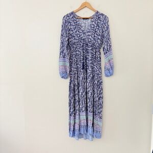 Few Moda Maxi Dress Small Blue Paisley Boho Tiered V-Neck Long Sleeve Drawstring